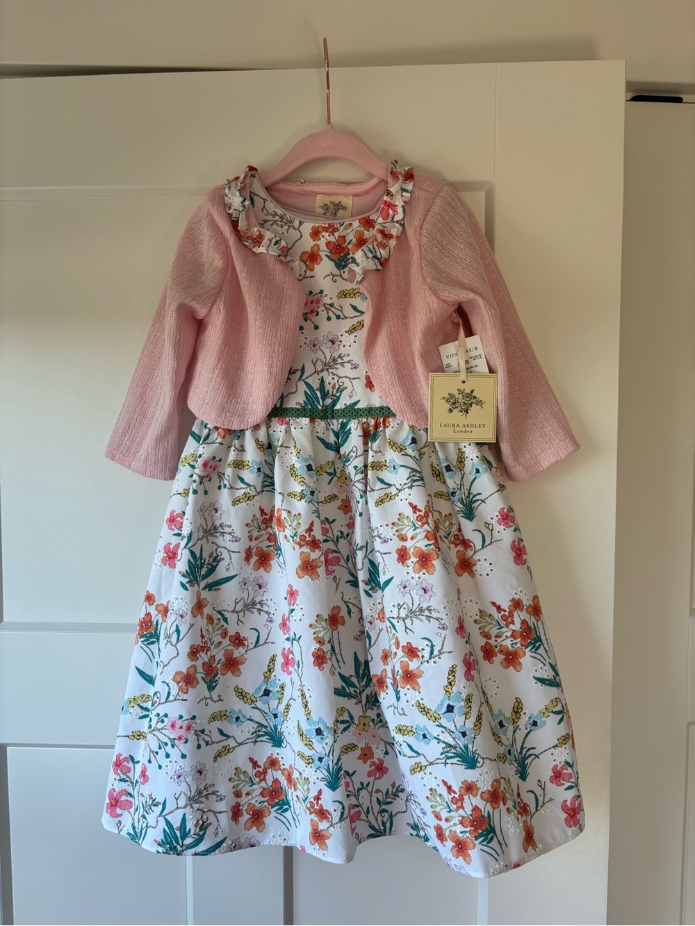 Laura Ashley White Floral Dress with Pink Bolero
